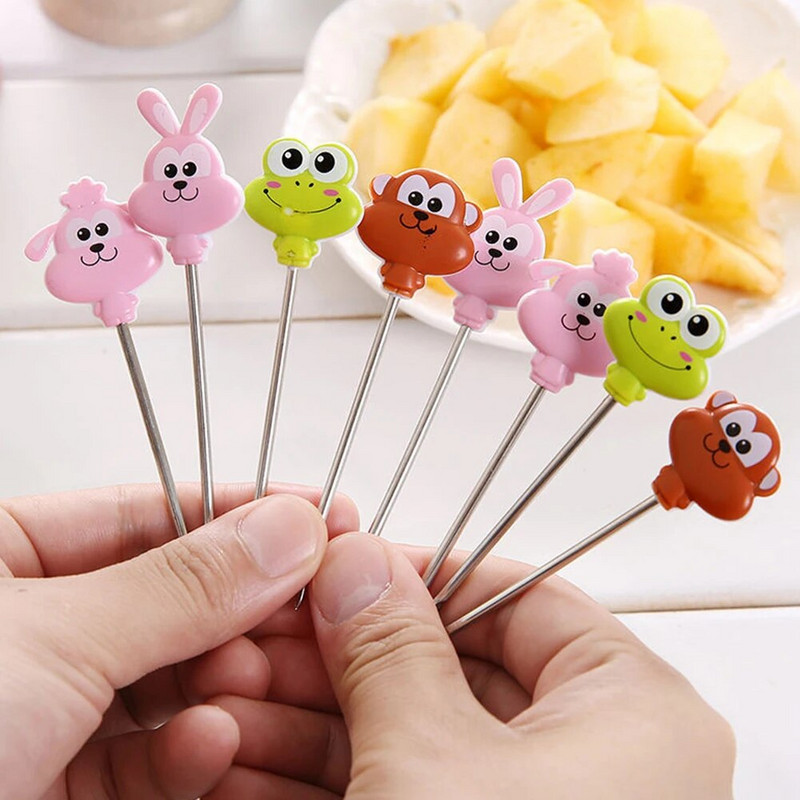 8 bucăți/set găleată din inox cu furculiță pentru fructe, drăguț în formă de animal, furculițe pentru desert, gustări, alegeri, salată, legume, accesorii pentru prânz pentru copii