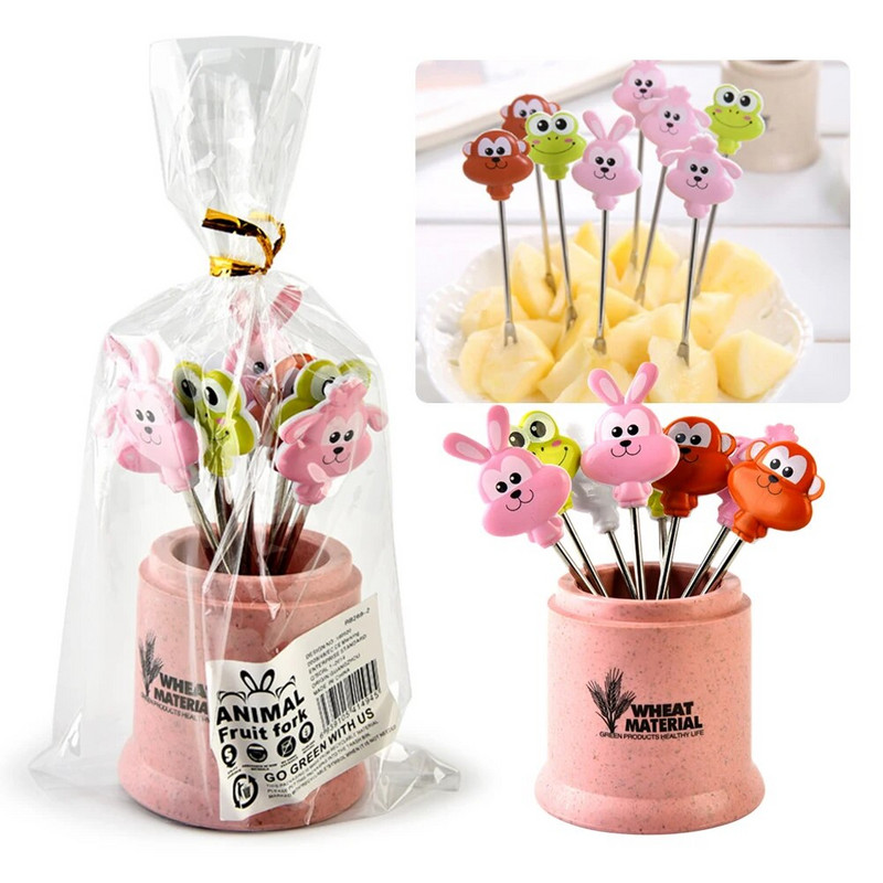 8 bucăți/set găleată din inox cu furculiță pentru fructe, drăguț în formă de animal, furculițe pentru desert, gustări, alegeri, salată, legume, accesorii pentru prânz pentru copii
