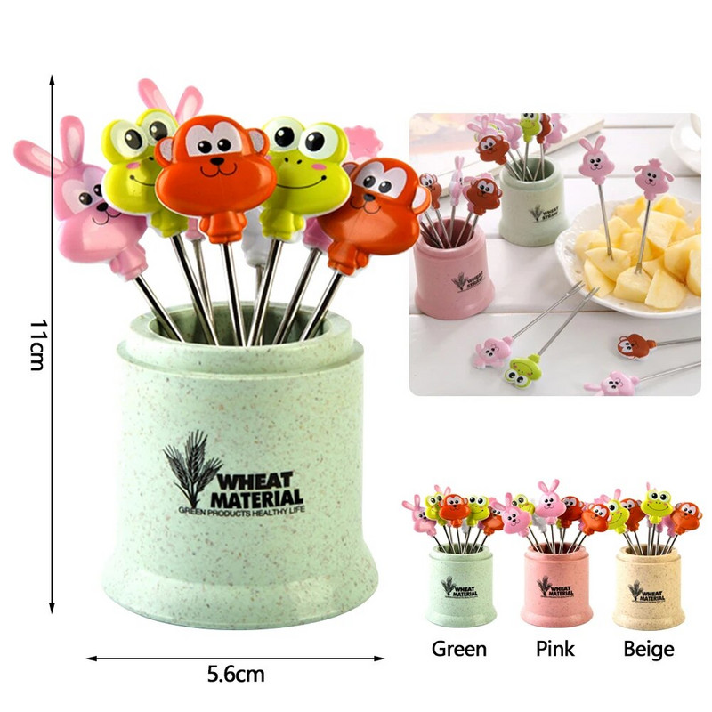 8 bucăți/set găleată din inox cu furculiță pentru fructe, drăguț în formă de animal, furculițe pentru desert, gustări, alegeri, salată, legume, accesorii pentru prânz pentru copii