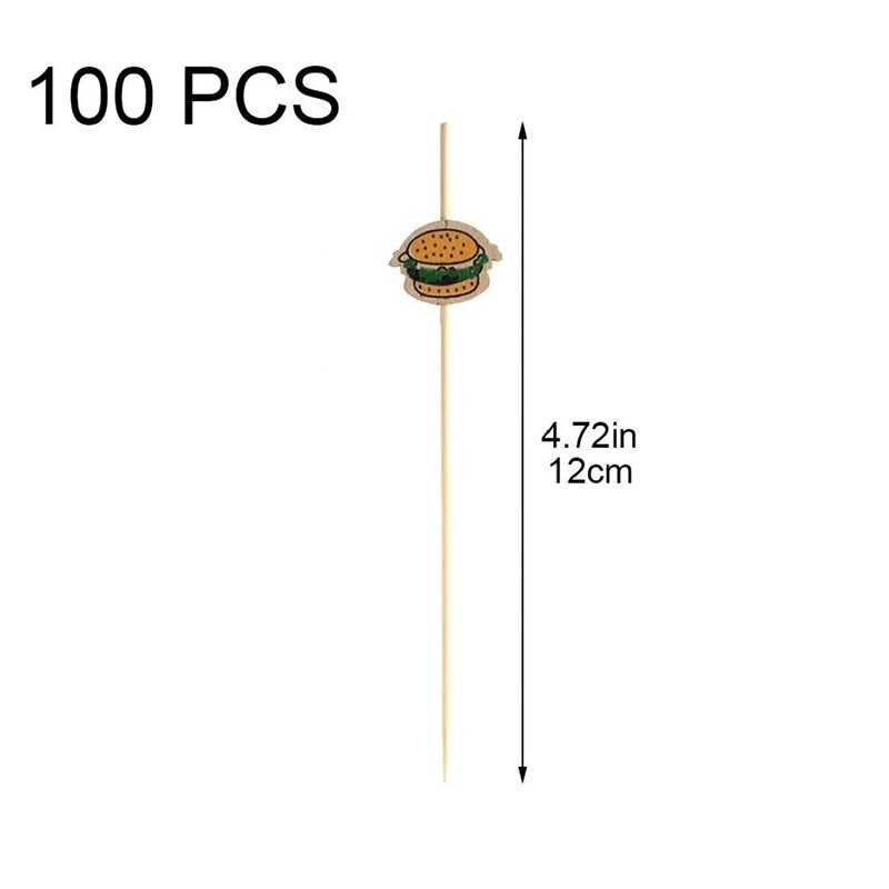 100 vnt. Mėsainių papuoštos bambukinės lazdelės Vienkartinės vaisių lazdelės Užkandžių iešmeliai Vakarėlis švediškas stalas Bambuko maisto rinkiniai Sumuštinių dekoravimas
