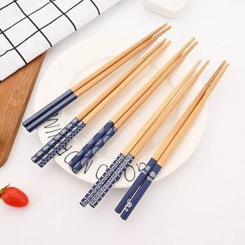 1 чифт Сини ръчно изработени пръчици за многократна употреба Бамбукови японски пръчици от естествено дърво Суши храна Цветя Дървени пръчици за хранене Сервии