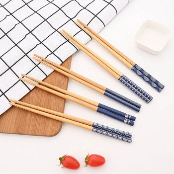 1 чифт Сини ръчно изработени пръчици за многократна употреба Бамбукови японски пръчици от естествено дърво Суши храна Цветя Дървени пръчици за хранене Сервии