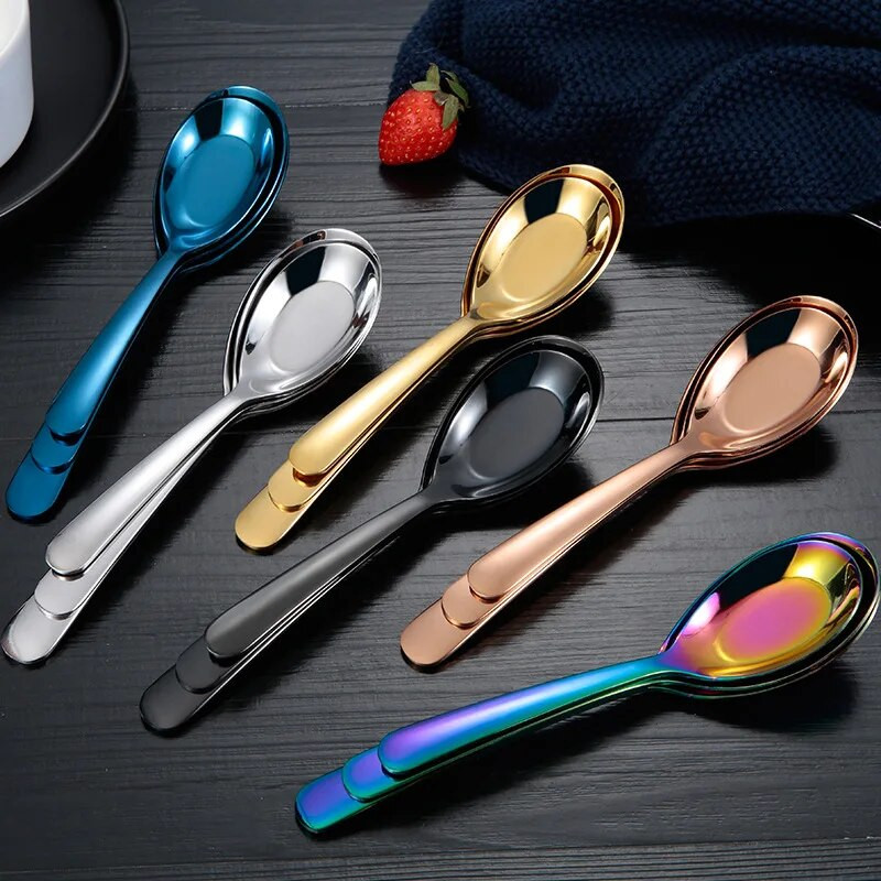 Linguri cu fund plat din oțel inoxidabil cu mâner lung, supă, ceai, lingură de masă, oală, linguri de uz casnic, veselă, ustensile de bucătărie