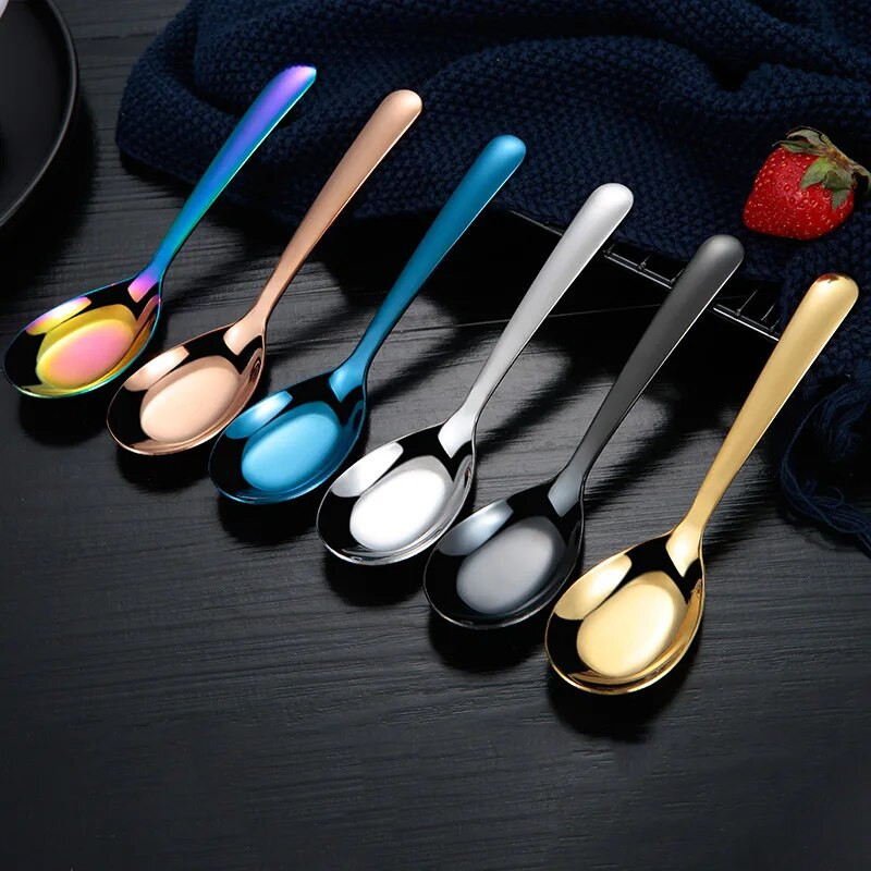 Linguri cu fund plat din oțel inoxidabil cu mâner lung, supă, ceai, lingură de masă, oală, linguri de uz casnic, veselă, ustensile de bucătărie