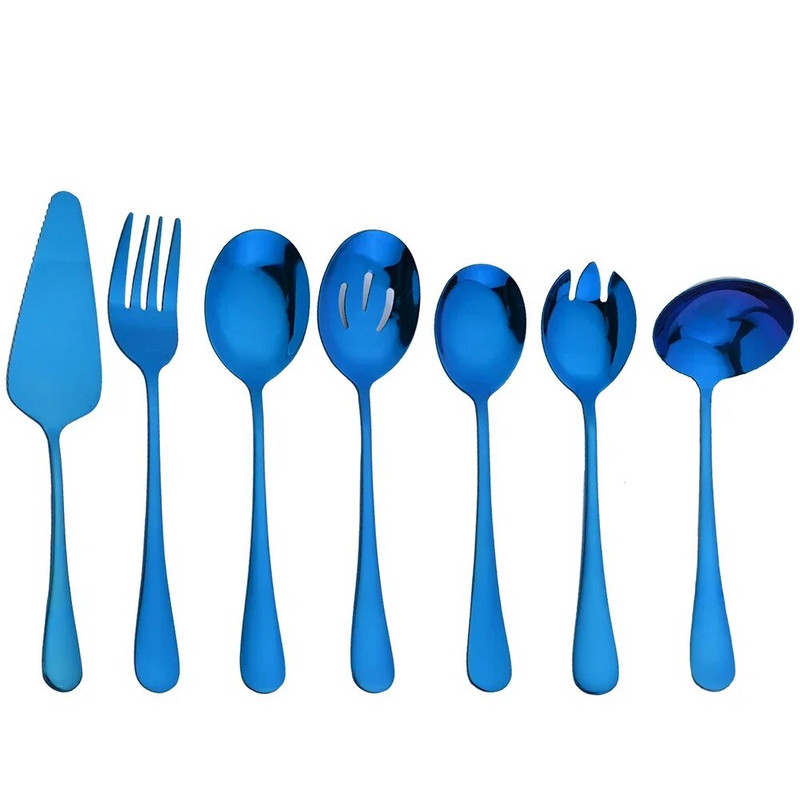 7 vnt nerūdijančio plieno mėlynos spalvos vakarienės rinkinys sriubos šaukštas kiaurasamtis šaukštas servizas šaukštas salotos šakutė pyragas mentele virtuvės namų stalo reikmenys