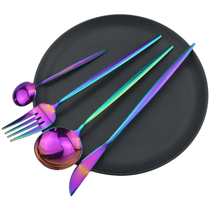 4vnt/rinkinys Mėlynas indų rinkinys nerūdijančio plieno aukso stalo įrankių vakarienės rinkinys Peilis Šakutė Šaukštas Sidabriniai stalo reikmenys Virtuvės stalo reikmenų rinkinys