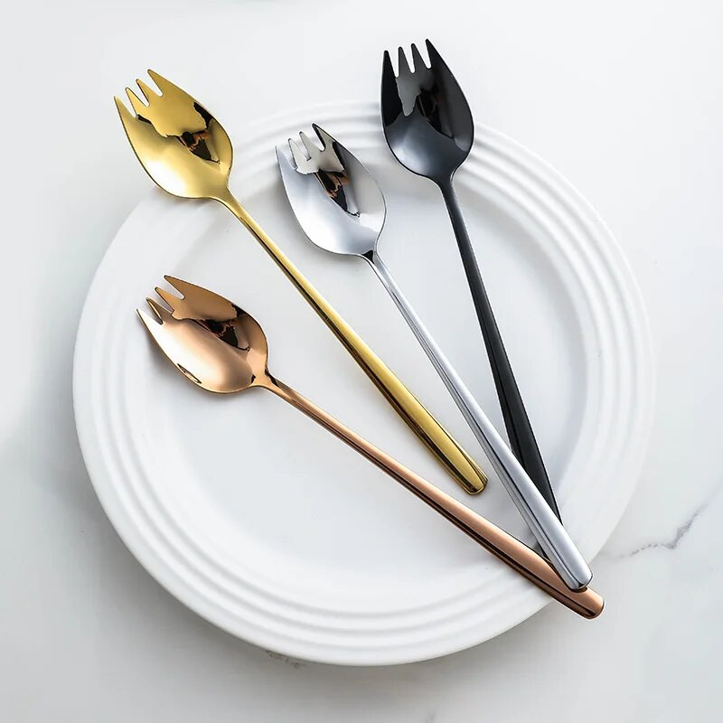 Kavos šaukštas salotų šaukštas šakutė Integruota vaisių nerūdijančio plieno šaukštas greitai paruošiamų makaronų šaukštas šakutė Desertinis šaukštas virtuvės vaisių šakutė