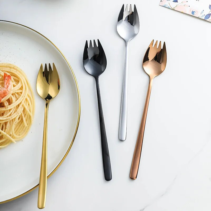 Kavos šaukštas salotų šaukštas šakutė Integruota vaisių nerūdijančio plieno šaukštas greitai paruošiamų makaronų šaukštas šakutė Desertinis šaukštas virtuvės vaisių šakutė