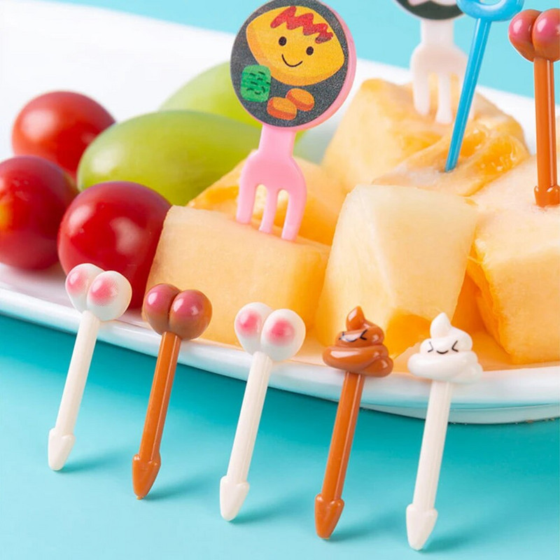 10 db/Szett Mini Nyársak Aranyos Rajzfilm Kawaii Ebéd Bento Doboz Élelmiszer Gyümölcs Pick Villarudak Büfé Szendvicslapátok Dekor villa