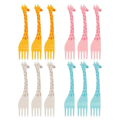 12 bucăți/set furculiță cu fructe cu girafe mini desene animate pentru copii, gustare, prăjitură, desert, scobitoare de fructe, salată, veselă pentru copii