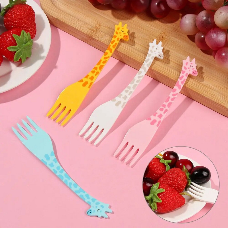 12 bucăți/set furculiță cu fructe cu girafe mini desene animate pentru copii, gustare, prăjitură, desert, scobitoare de fructe, salată, veselă pentru copii
