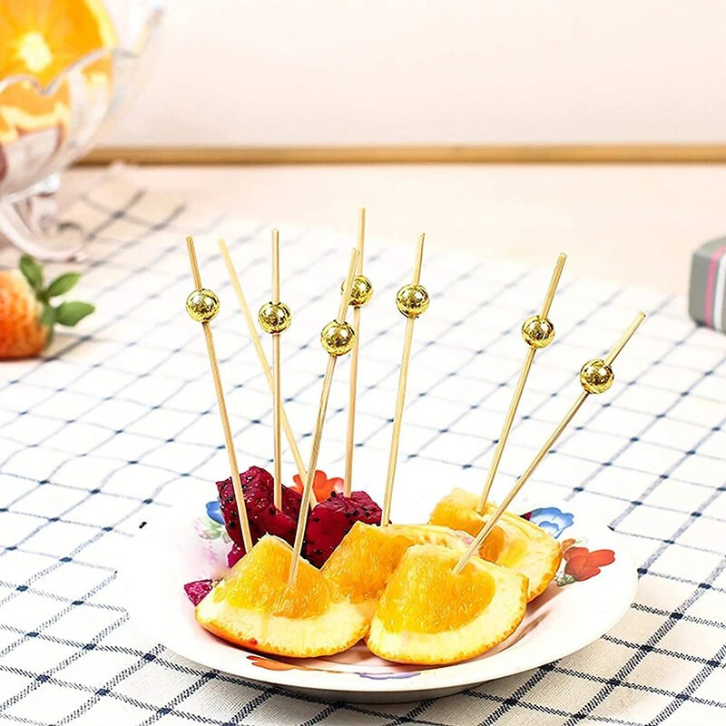 100 bucăți 12 cm margele de aur bețișoare de fructe din bambus Salată de fructe Gustare furculiță Cocktail Decor Tort Bufet Scobitori Accesorii pentru petreceri de nuntă