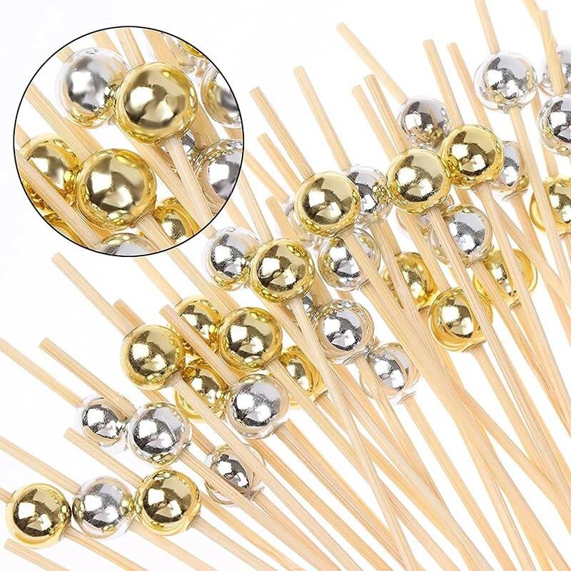 100 bucăți 12 cm margele de aur bețișoare de fructe din bambus Salată de fructe Gustare furculiță Cocktail Decor Tort Bufet Scobitori Accesorii pentru petreceri de nuntă