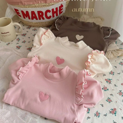 Kūdikių apatiniai marškinėliai Rudens Žiema Nauja Mergaitei Pusiau aukšto Kaklo Meilė ilgomis rankovėmis Korėjos vaikų universalus saldus megztinis