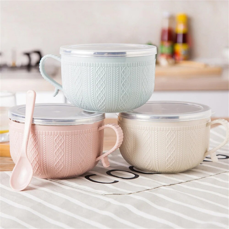 Από ανοξείδωτο ατσάλι Διπλής στρώσης Μπολ Ramen Noodles Αντιζευστικό Στιγμιαίο Μπολ Noodle Χαριτωμένο λαγουδάκι με καπάκι και κουτάλι σερβίτσιο