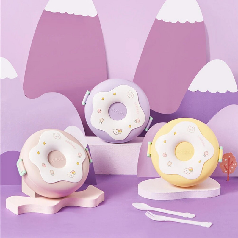 Cutie de prânz din desene animate 1000ML Închidere cu cataramă cu tacâmuri Design gogoși multifuncțional 3 compartimente pentru copii, copii, școală de picnic