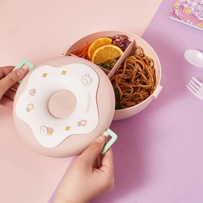 Cutie de prânz din desene animate 1000ML Închidere cu cataramă cu tacâmuri Design gogoși multifuncțional 3 compartimente pentru copii, copii, școală de picnic