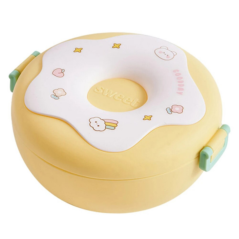 Cutie de prânz din desene animate 1000ML Închidere cu cataramă cu tacâmuri Design gogoși multifuncțional 3 compartimente pentru copii, copii, școală de picnic