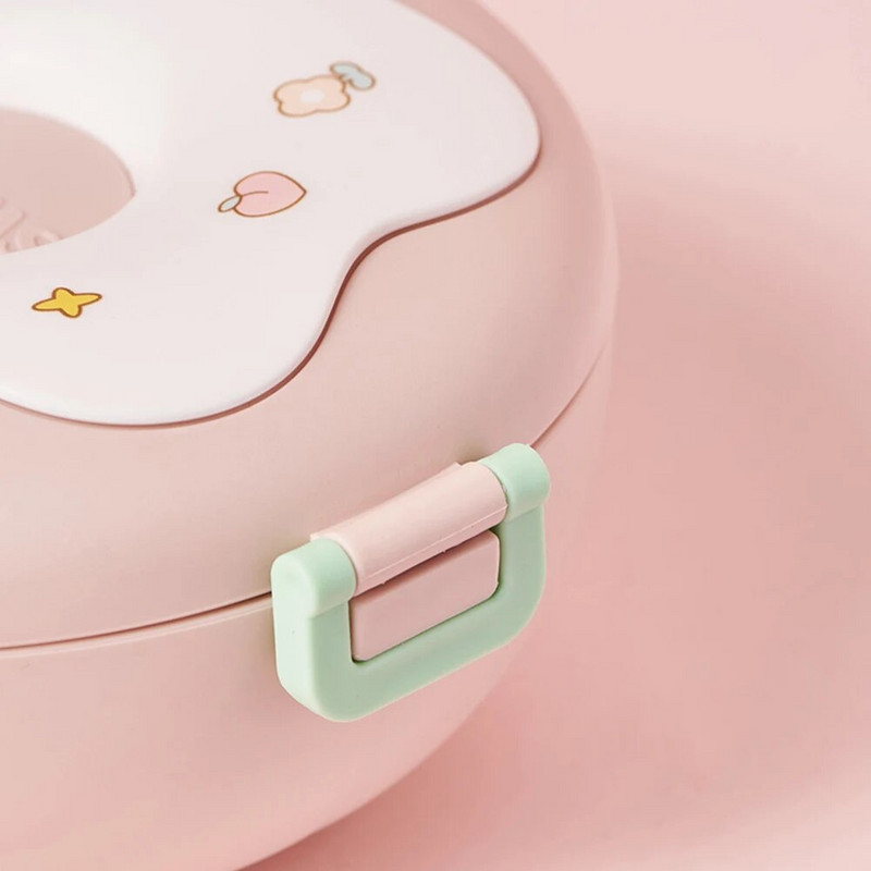 Cutie de prânz din desene animate 1000ML Închidere cu cataramă cu tacâmuri Design gogoși multifuncțional 3 compartimente pentru copii, copii, școală de picnic