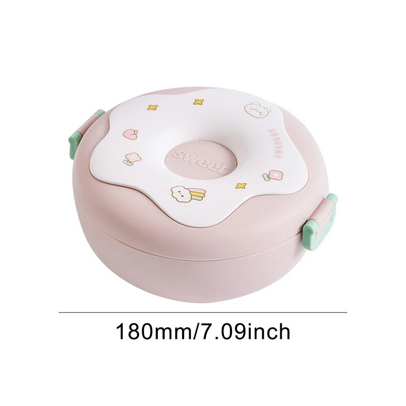 Cutie de prânz din desene animate 1000ML Închidere cu cataramă cu tacâmuri Design gogoși multifuncțional 3 compartimente pentru copii, copii, școală de picnic