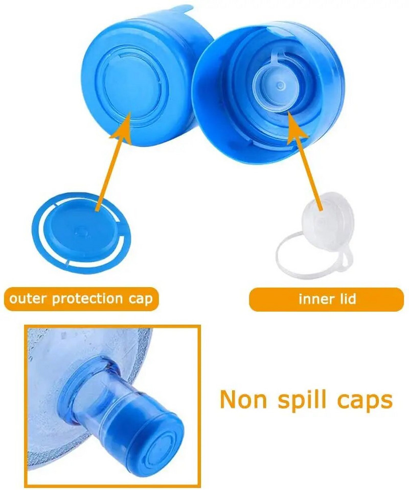 2/5 db kiömlésmentes kupak csere 55 mm-es 3 és 5 gallonos kiömlésmentes vizeskancsó sapkák újrafelhasználható vizespalack pattintható kupakja fröccsenésgátló hámlasztás