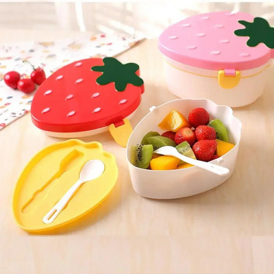 Детска сладка кутия за обяд във форма на ягода с вилица, лъжица, 2 слоя, хранителен клас, голям капацитет за съхранение на храна, плодове, контейнер за кутия Bento