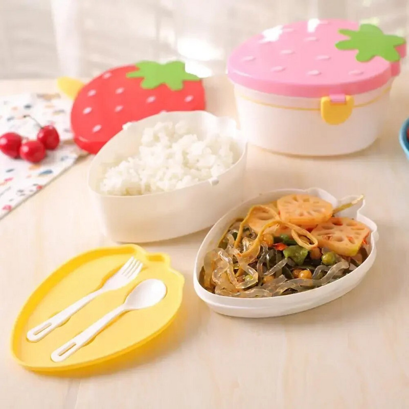 Gyerekek aranyos eper alakú ebédlődoboz villás kanállal, 2 rétegű élelmiszer-minőségű, nagy kapacitású élelmiszer-gyümölcs tároló Bento doboz konténer