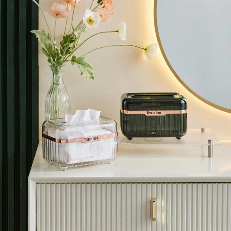 Suport pentru șervețele încorporat cu primăvară, transparentă, cutie de șervețele vizibilă, cutie de distribuitor de șervețele de birou cu scrisori de modă modernă