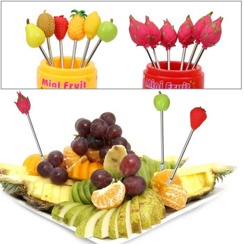 6 τεμ/Σετ Χαριτωμένο κέικ σνακ Επιδόρπιο πιρούνι φαγητού για παιδιά Ανοξείδωτο ατσάλι Μοτίβο φρούτων Φαγητό Οδοντογλυφίδα πάρτι κουζίνας επιλογής φρούτων