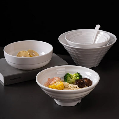 Melamínová biela miska na rezance, zahustená v japonskom štýle, misky na ramen, imitácia porcelánu, plastová miska na ryžu, kuchynský riad.