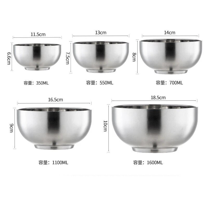 5 méretű 304-es rozsdamentes acél tésztatál, kétrétegű ételtartály, mélykeverő tojássalátatálak főzéshez konyhai étkészletek