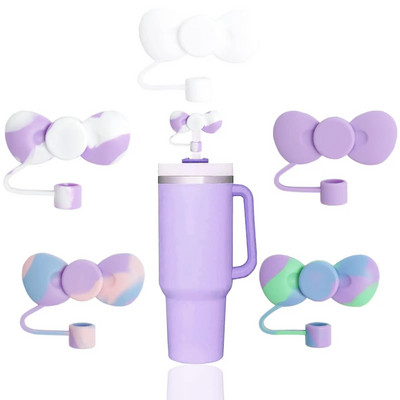 Capaci minunate de paie cu fundă Cap Toppers compatibile cu pahare Stanley de 30 și 40 oz, reutilizabile, drăguțe din silicon, vârfuri de paie, capace protejează