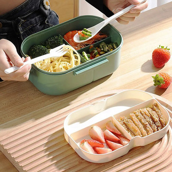 2 слоя преносима студентска кутия за обяд с вилица, лъжица, може да се нагрява в микровълновата херметична по-дебела пластмасова кутия за обяд