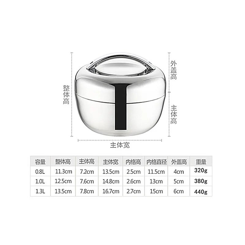 Obuolių formos terminė nerūdijančio plieno priešpiečių dėžutė su rankena, stora sluoksniuota priešpiečių dėžutė, didelės talpos ryžių dubuo virtuvės indai