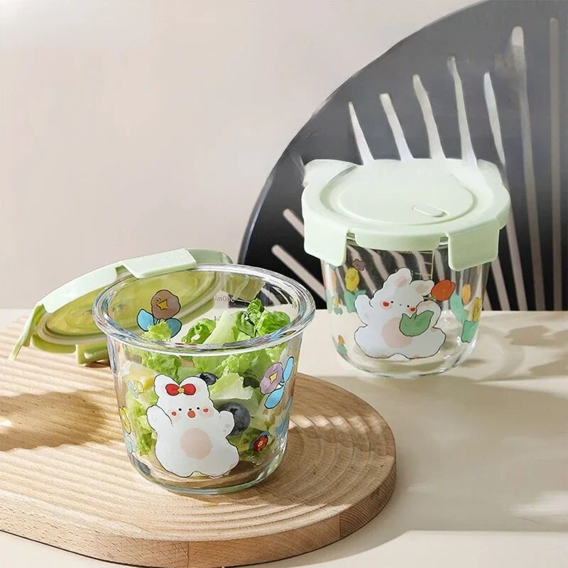 Zdjele za juhu od visokog borosilikatnog stakla, simpatične okrugle kutije za bento, otporne na toplinu, kutija za čuvanje crtanih filmova, kućni prijenosni, 690 ml