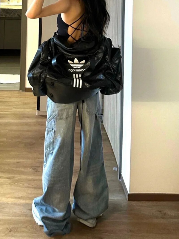 Divatos kék alkalmi széles szárú farmer túlméretezett magas derekú vintage mosás bő egyenes nadrág koreai utcai trend Y2K nadrág