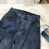 Vintage kék magas derekú női farmer Színátmenetes amerikai divat utcai viselet széles lábszár Jean Női farmer nadrág táskás farmer nadrág