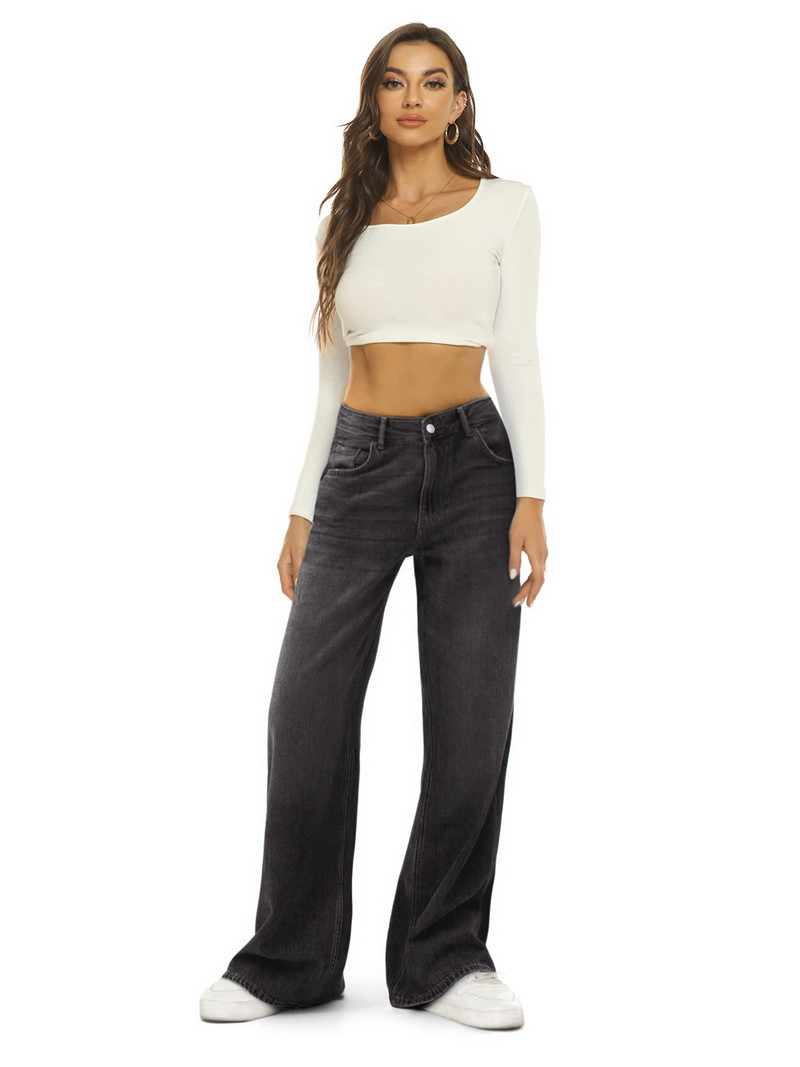 Moteriški džinsai aukštu juosmeniu, platūs džinsiniai džinsai, šoninė kišenė, tiesi laisvalaikio laisvos kelnės Klasikinė gatvės apranga