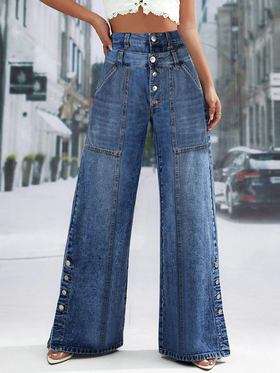 Összefűzött gombos farmer Egyenes széles szárú farmer zsebek magas derekú Vintage divat női farmer farmer Alkalmi utcai nadrág