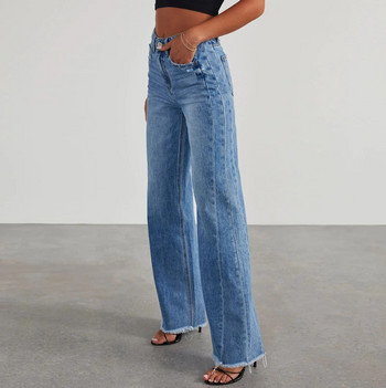Нови дънкови панталони Дамски широки дънки със средна талия Модни дънкови панталони с прави крачоли с необработени ръбове Ежедневни женски панталони 2023 Пролет