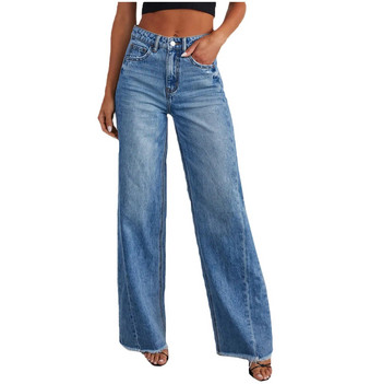 Нови дънкови панталони Дамски широки дънки със средна талия Модни дънкови панталони с прави крачоли с необработени ръбове Ежедневни женски панталони 2023 Пролет