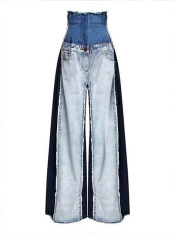 Γυναικεία ψηλόμεση τζιν πατορκ Vintage streetwear τζιν παντελόνι casual Colorblock συνονθύλευμα Ακατέργαστη επένδυση με φαρδύ πόδι Τζιν τζιν παντελόνι