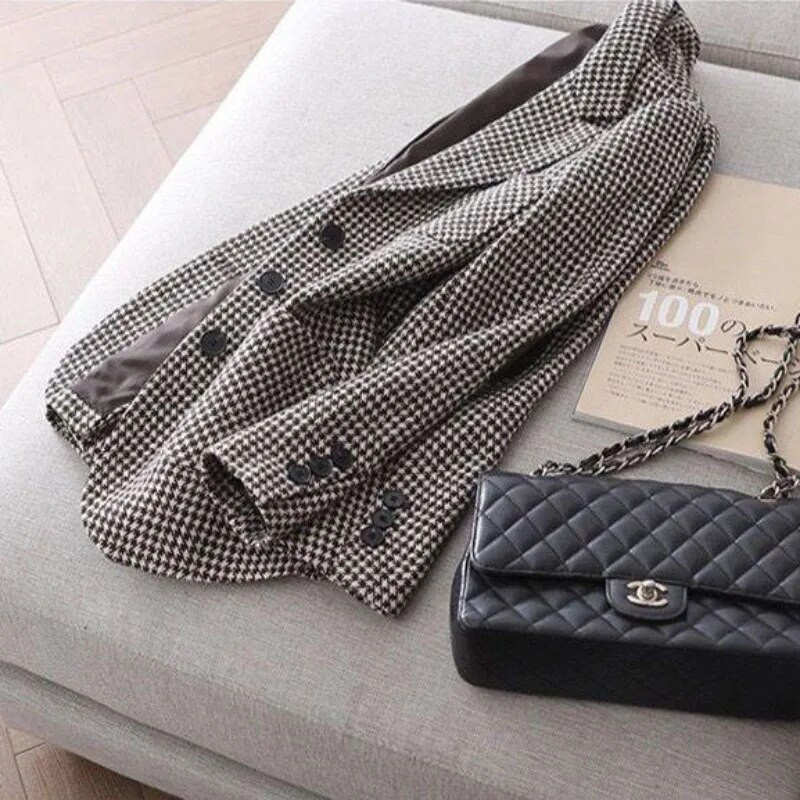 2024 tavaszi őszi alkalmi houndstooth blézer dzseki női felsőruházat divatos középhosszú, vékony, túlméretezett 5XL felsőkategóriás kockás öltöny felsők