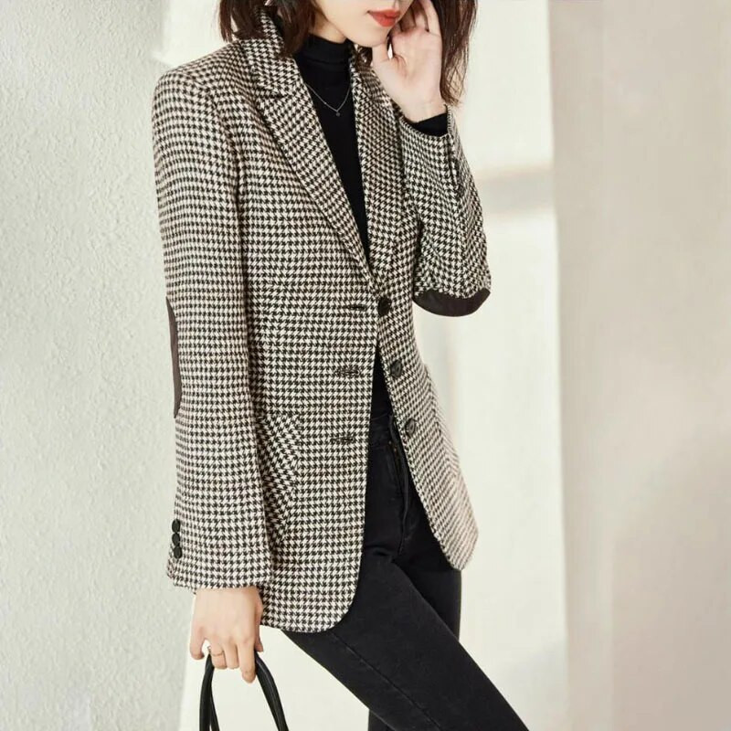 2024 tavaszi őszi alkalmi houndstooth blézer dzseki női felsőruházat divatos középhosszú, vékony, túlméretezett 5XL felsőkategóriás kockás öltöny felsők