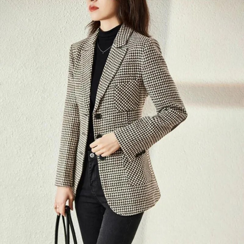 2024 tavaszi őszi alkalmi houndstooth blézer dzseki női felsőruházat divatos középhosszú, vékony, túlméretezett 5XL felsőkategóriás kockás öltöny felsők