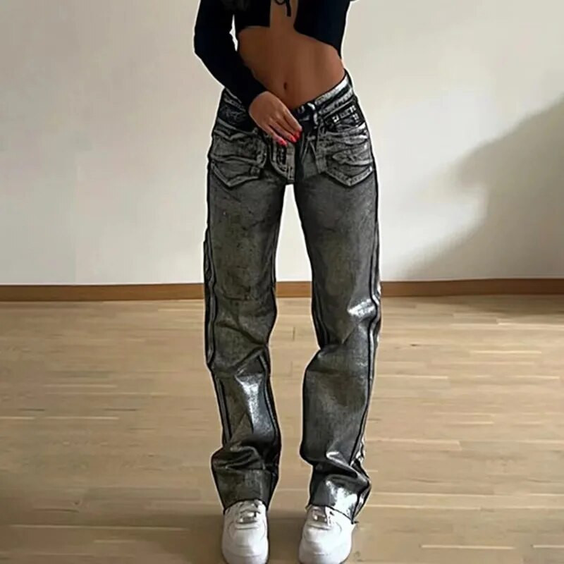 Y2k Vintage fényes farmer farmer női magas derekú fényes fekete táskás farmer nadrág alkalmi utcai viselet laza kék esztétikus nadrág