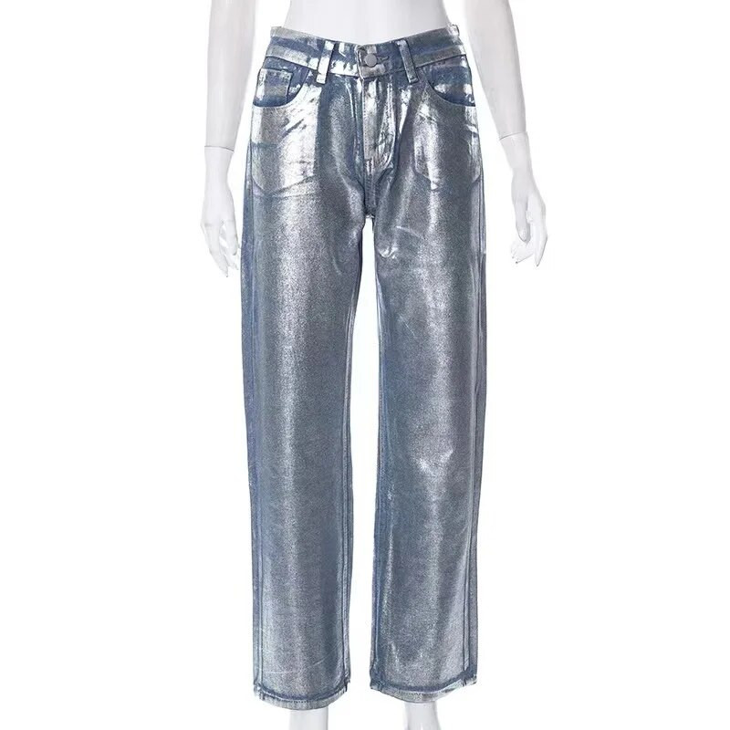 Y2k Vintage fényes farmer farmer női magas derekú fényes fekete táskás farmer nadrág alkalmi utcai viselet laza kék esztétikus nadrág