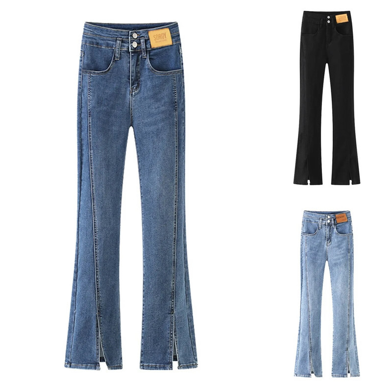 Női, egyenes szárú, hasított, sztreccs magasra emelkedő, kiszélesedő farmer nadrág Női elasztikus deréknadrág Jean nadrág lyukas nőknek