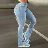 Κορεατικές κριτικές Πολλά ρούχα Ψηλόμεση τζιν γυναικεία μονόχρωμα λεπτή εφαρμογή Παντελόνι καμπάνα Γυναικεία τζιν 2024