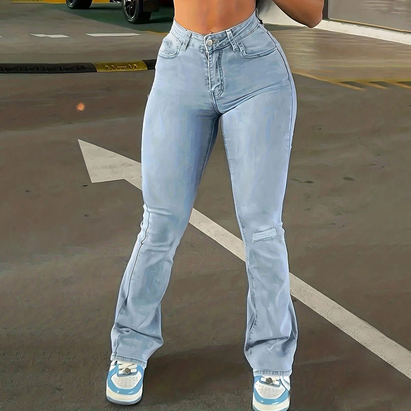 Κορεατικές κριτικές Πολλά ρούχα Ψηλόμεση τζιν γυναικεία μονόχρωμα λεπτή εφαρμογή Παντελόνι καμπάνα Γυναικεία τζιν 2024